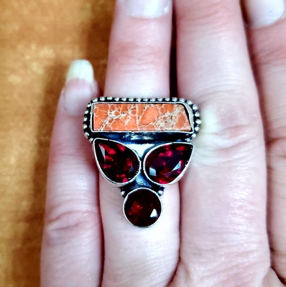 New Sea Sediment Jasper & Garnet 925 Silver Ring. - Picture 4 of 7